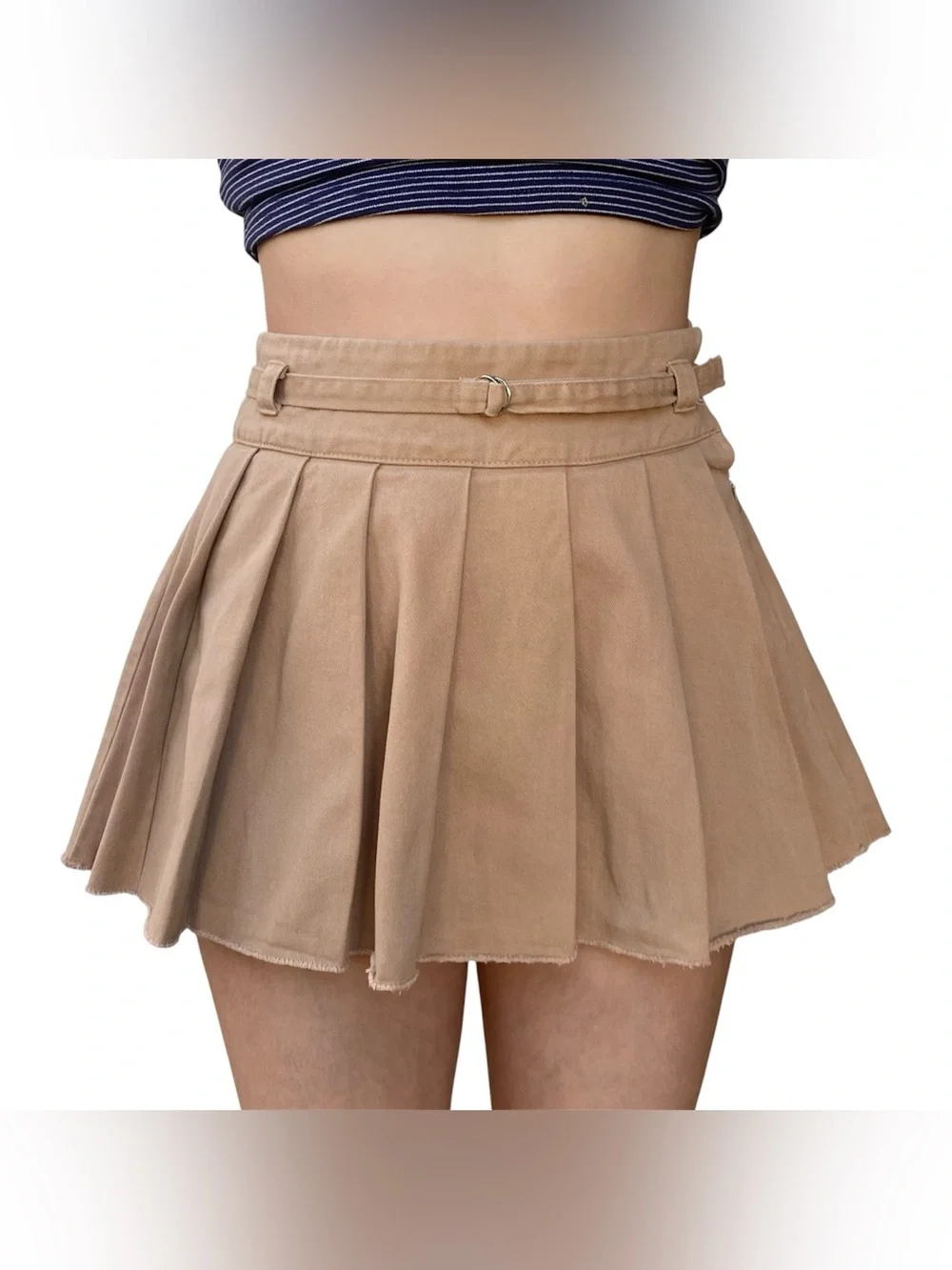 Zara Kids School Uniform Belted Pleated Khaki Tan Mini Skirt Girl's Size 11-12